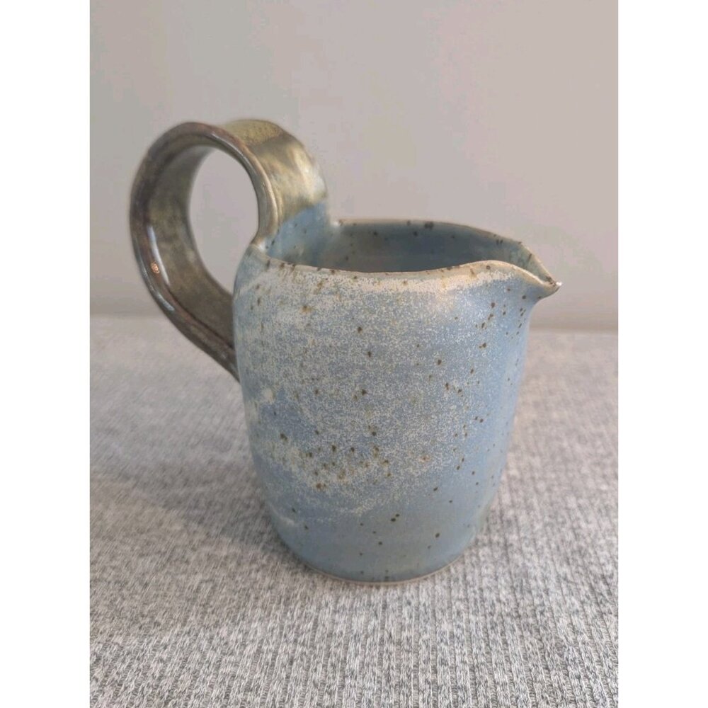 Speckled Blue/Green Pottery Pitcher with Salt Glaze, Handmade & Signed, 14cm/5" - Picture 2 of 5